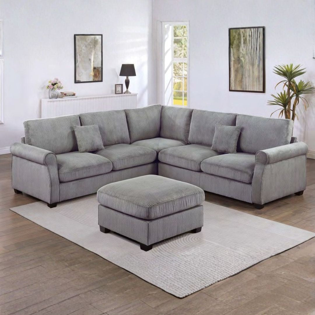 Corduroy Lux Sectional Sofa with Ottoman – Modern Comfort for Your Living Room