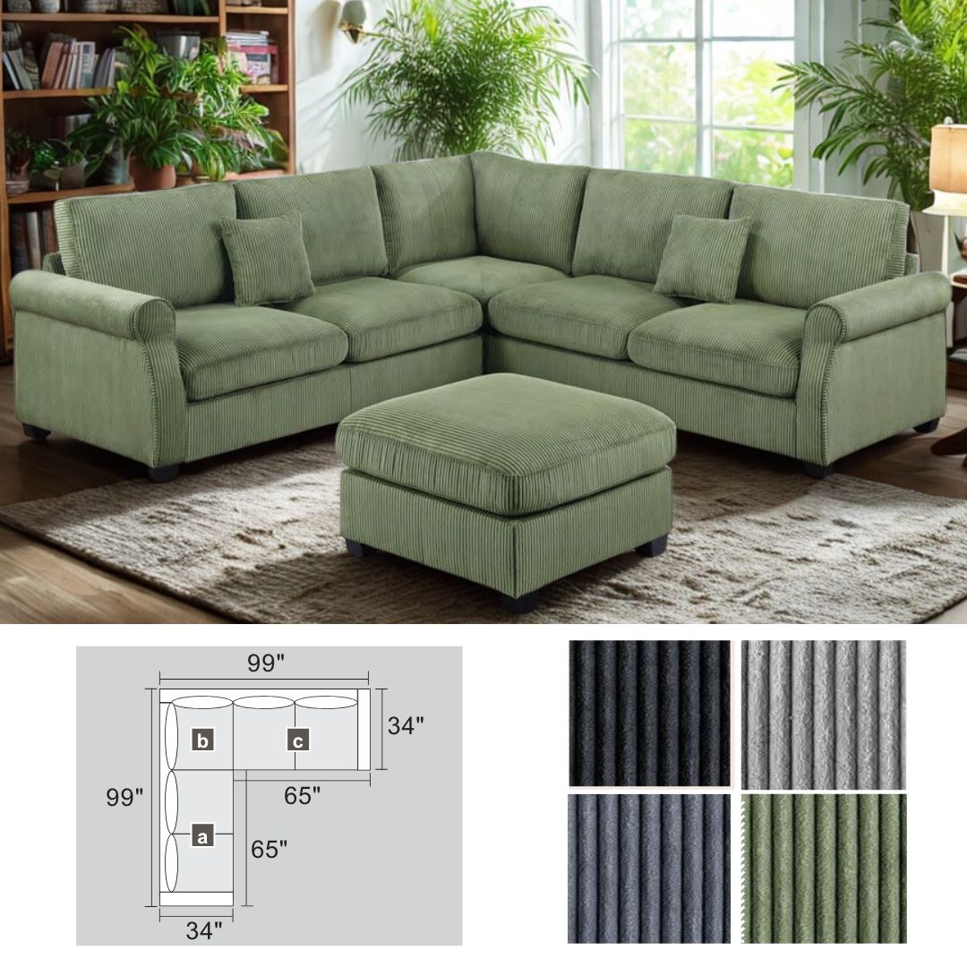 Corduroy Lux Sectional Sofa with Ottoman – Modern Comfort for Your Living Room