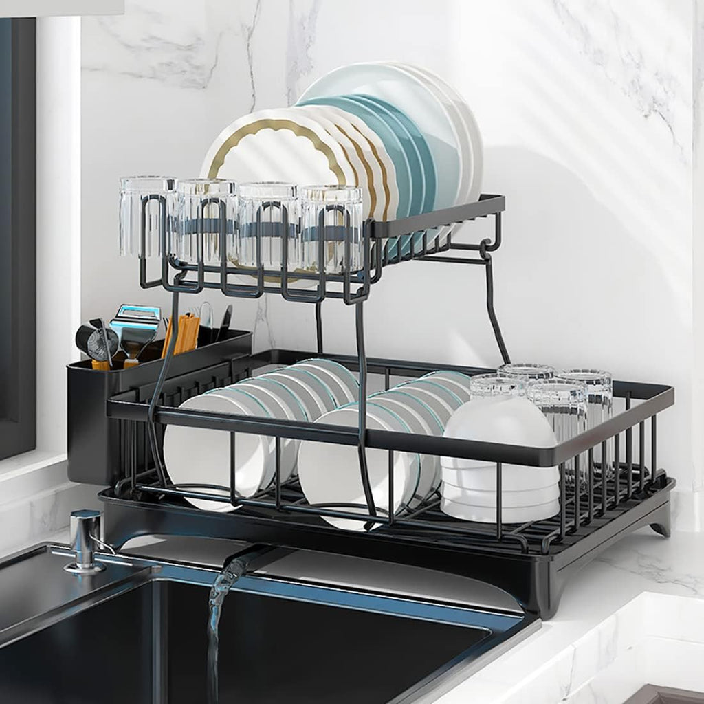2-Tier Stainless Steel Dish Drainer with Drip Tray for Kitchen Counter