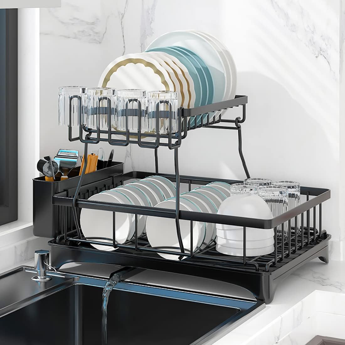 2-Tier Stainless Steel Dish Drainer with Drip Tray for Kitchen Counter