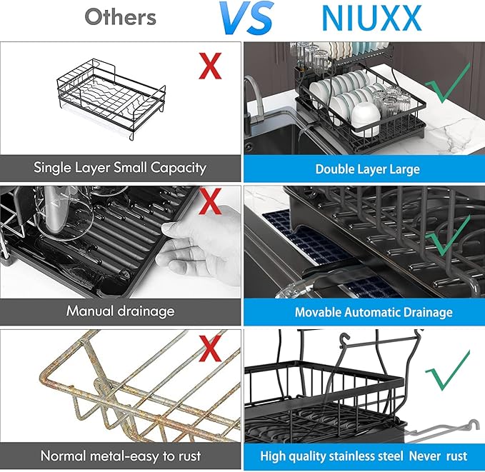 2-Tier Stainless Steel Dish Drainer with Drip Tray for Kitchen Counter
