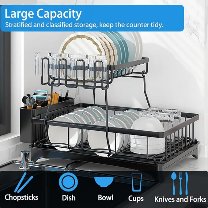 2-Tier Stainless Steel Dish Drainer with Drip Tray for Kitchen Counter