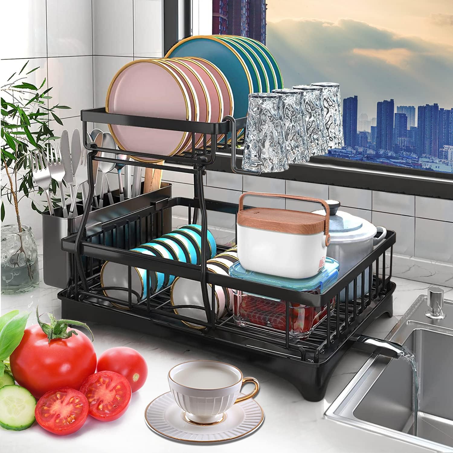 2-Tier Stainless Steel Dish Drainer with Drip Tray for Kitchen Counter