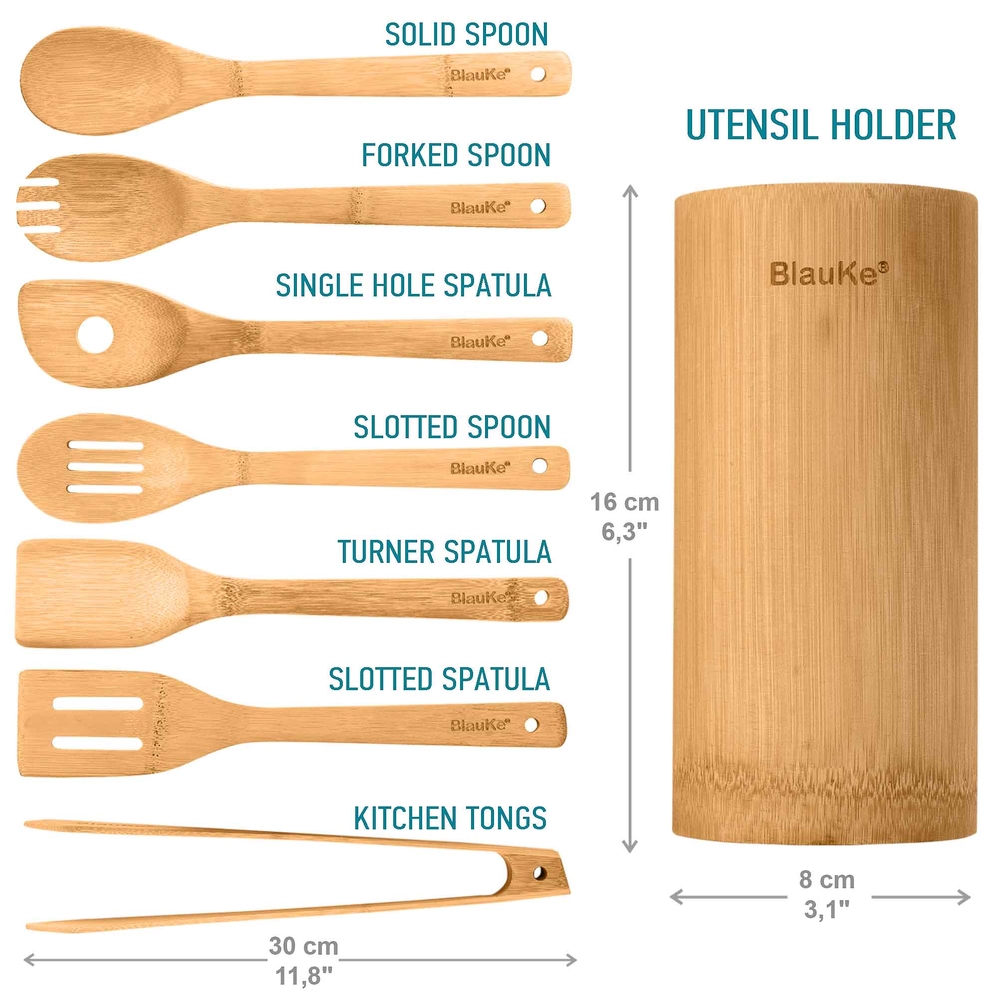 Bamboo Kitchen Utensils Set - Wooden Cooking Utensils 8-Pack