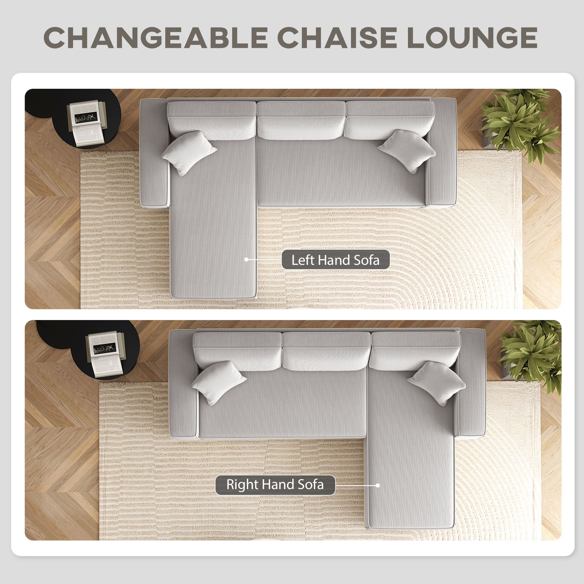 HOMCOM Corner Sofa with Reversible Chaise Lounge, Corduroy L-Shaped
