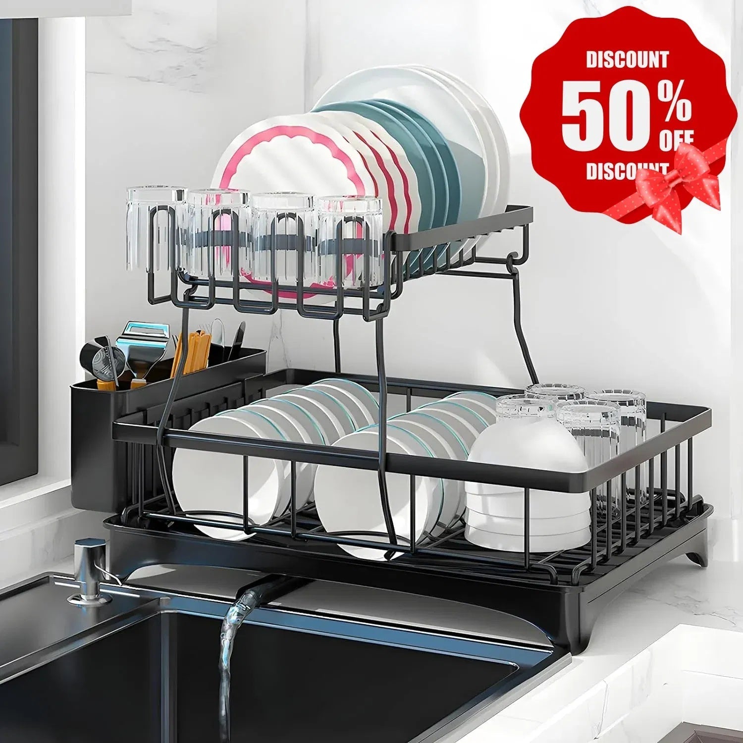 2-Tier Stainless Steel Dish Drainer with Drip Tray for Kitchen Counter